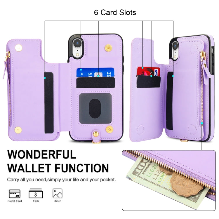 For iPhone XR Double Flap Zipper RFID Leather Phone Case with Short Lanyard