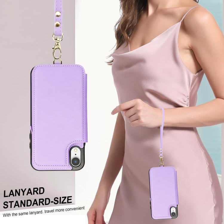 For iPhone XR Double Flap Zipper RFID Leather Phone Case with Short Lanyard