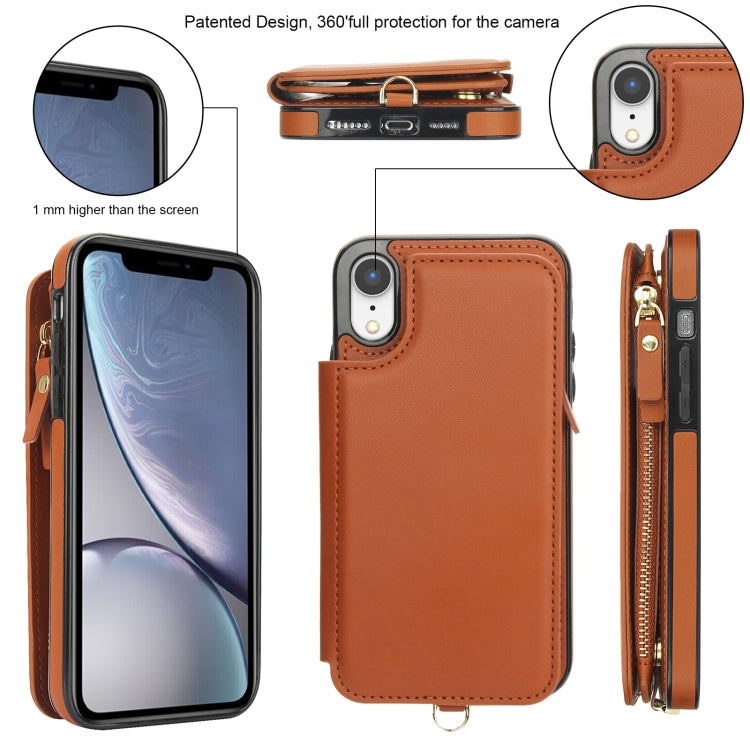 For iPhone XR Double Flap Zipper RFID Leather Phone Case with Short Lanyard