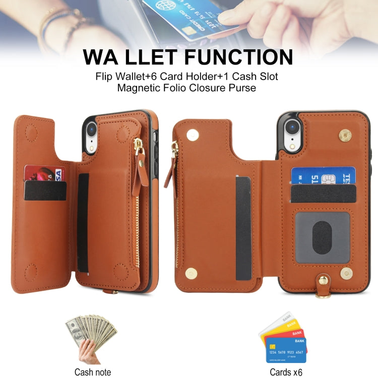 For iPhone XR Double Flap Zipper RFID Leather Phone Case with Short Lanyard