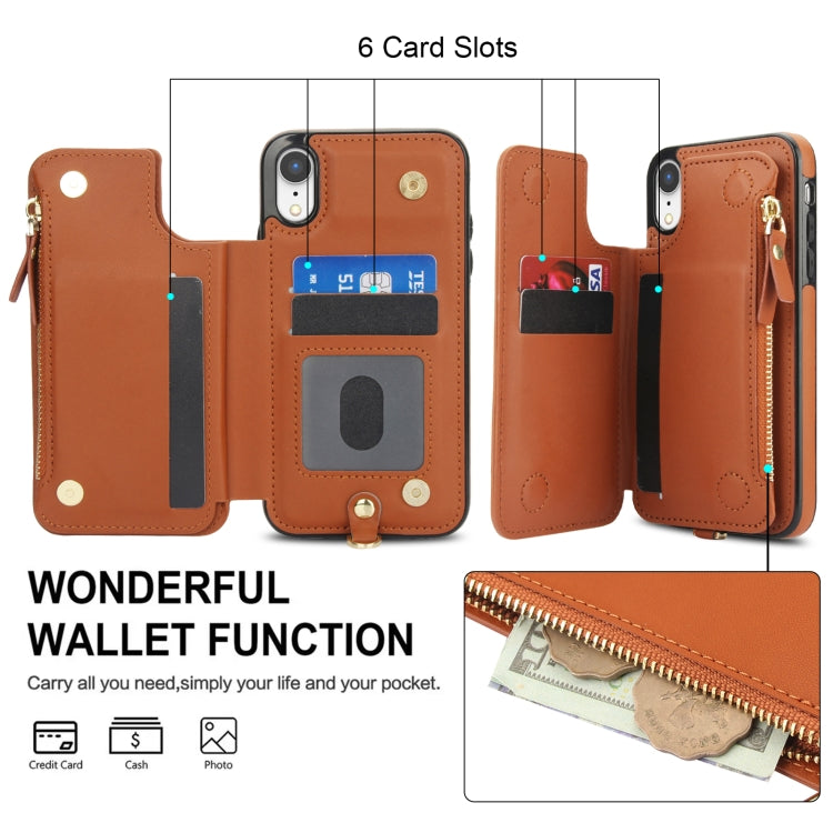 For iPhone XR Double Flap Zipper RFID Leather Phone Case with Short Lanyard