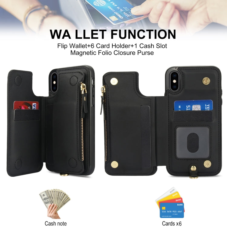 For iPhone XS Max Double Flap Zipper RFID Leather Phone Case with Short Lanyard