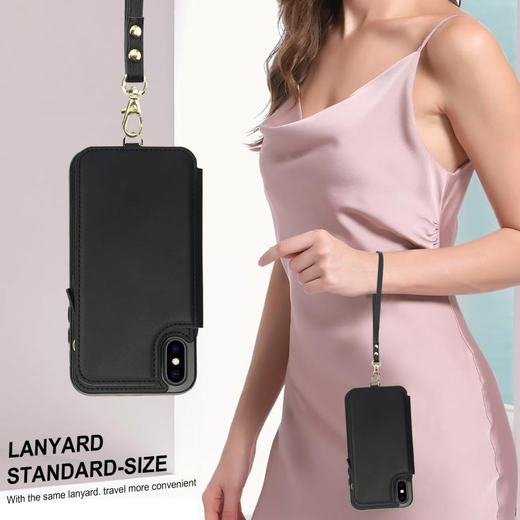 For iPhone XS Max Double Flap Zipper RFID Leather Phone Case with Short Lanyard