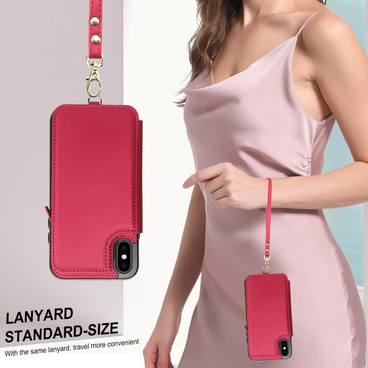 For iPhone XS Max Double Flap Zipper RFID Leather Phone Case with Short Lanyard