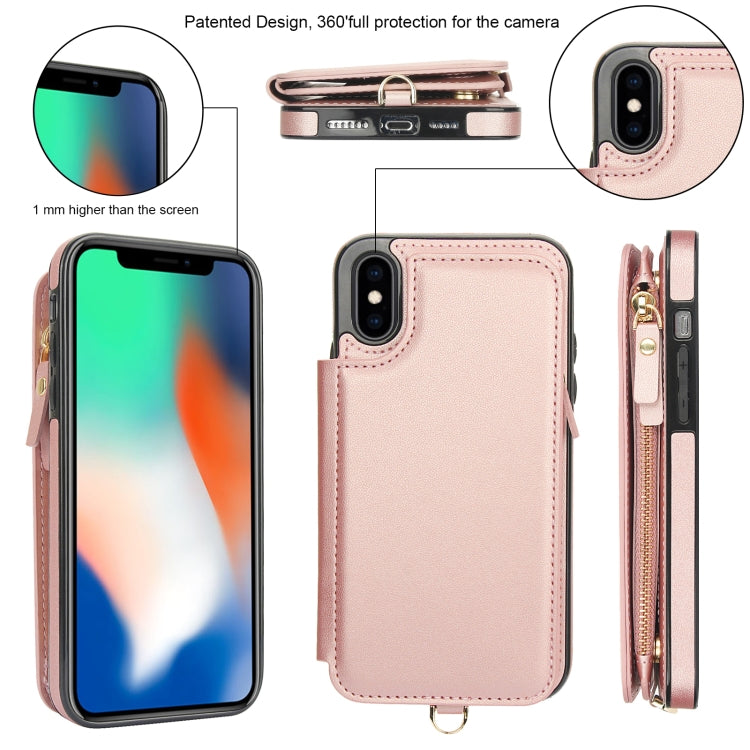 For iPhone XS Max Double Flap Zipper RFID Leather Phone Case with Short Lanyard