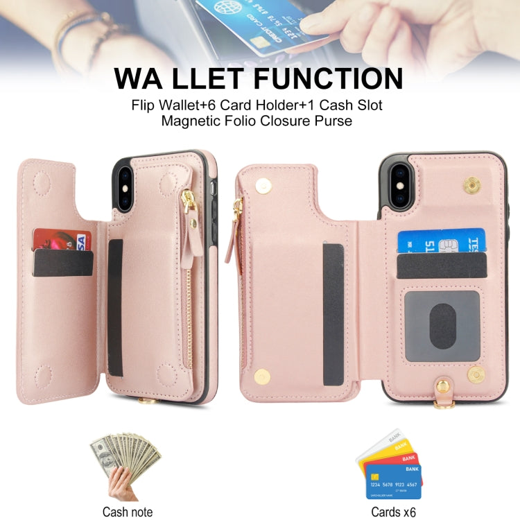 For iPhone XS Max Double Flap Zipper RFID Leather Phone Case with Short Lanyard