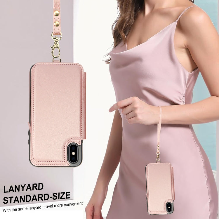 For iPhone XS Max Double Flap Zipper RFID Leather Phone Case with Short Lanyard