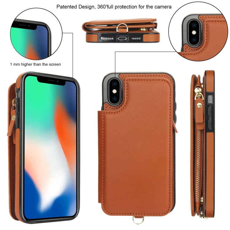 For iPhone XS Max Double Flap Zipper RFID Leather Phone Case with Short Lanyard