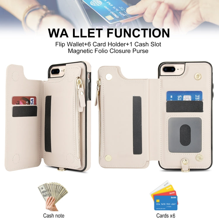 For iPhone 8 Plus / 7 Plus Double Flap Zipper RFID Leather Phone Case with Short Lanyard