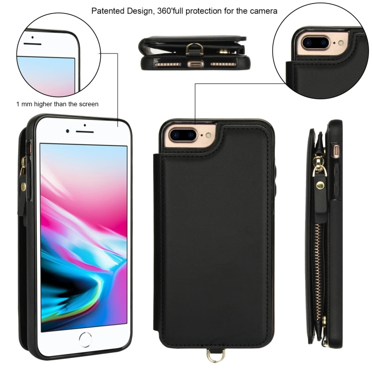 For iPhone 8 Plus / 7 Plus Double Flap Zipper RFID Leather Phone Case with Short Lanyard