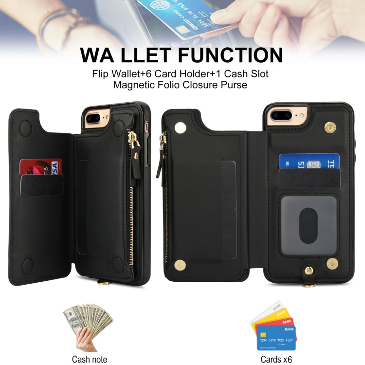 For iPhone 8 Plus / 7 Plus Double Flap Zipper RFID Leather Phone Case with Short Lanyard