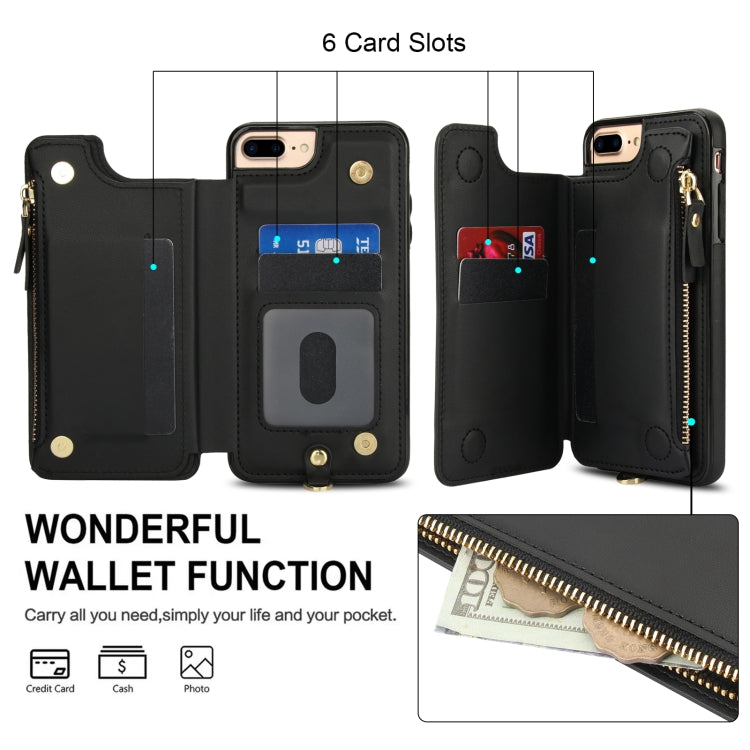 For iPhone 8 Plus / 7 Plus Double Flap Zipper RFID Leather Phone Case with Short Lanyard
