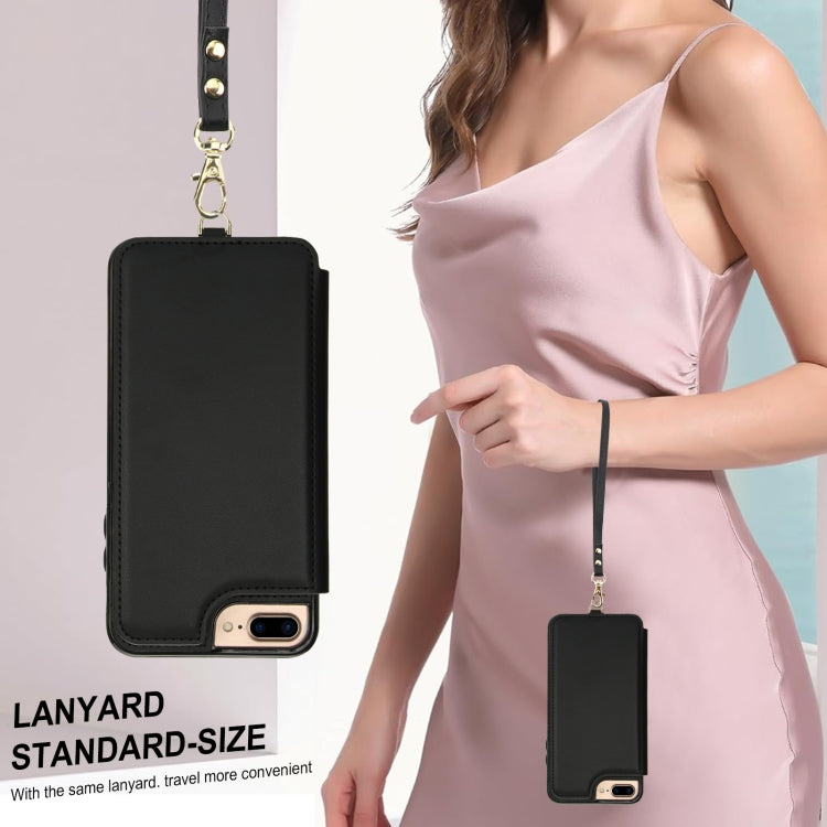 For iPhone 8 Plus / 7 Plus Double Flap Zipper RFID Leather Phone Case with Short Lanyard