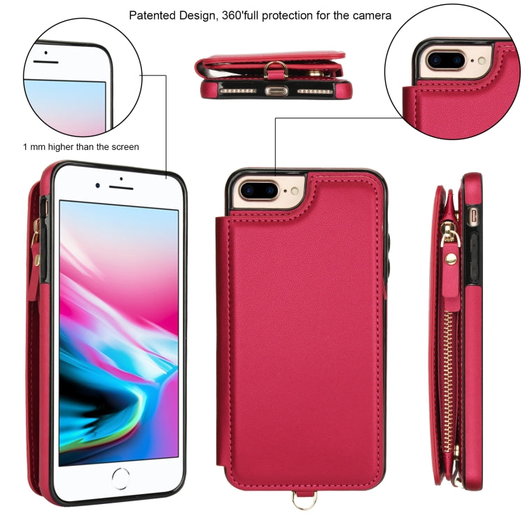 For iPhone 8 Plus / 7 Plus Double Flap Zipper RFID Leather Phone Case with Short Lanyard