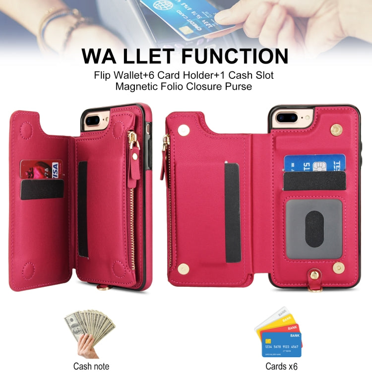 For iPhone 8 Plus / 7 Plus Double Flap Zipper RFID Leather Phone Case with Short Lanyard