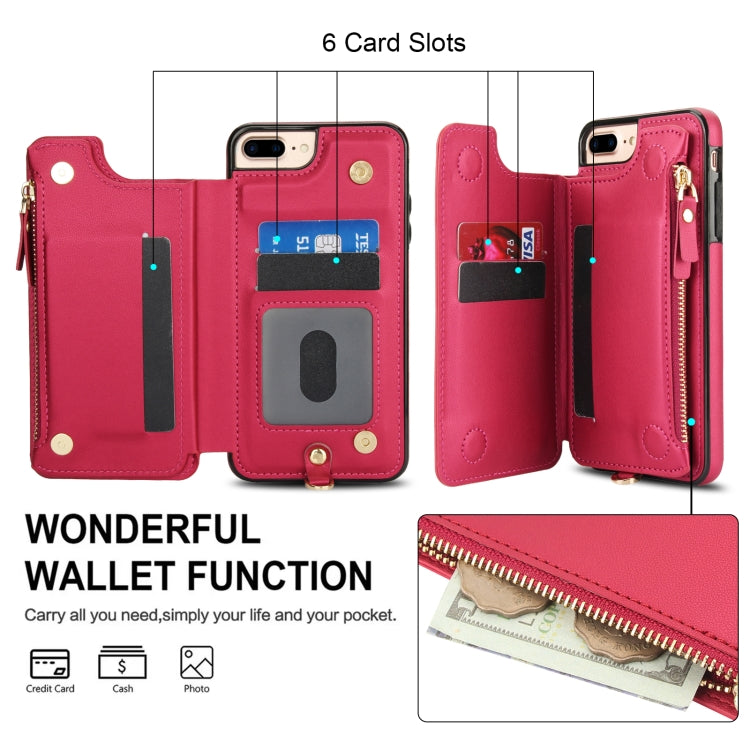 For iPhone 8 Plus / 7 Plus Double Flap Zipper RFID Leather Phone Case with Short Lanyard