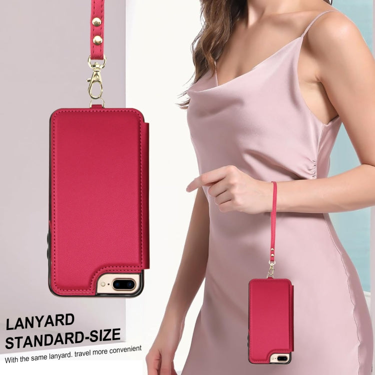 For iPhone 8 Plus / 7 Plus Double Flap Zipper RFID Leather Phone Case with Short Lanyard