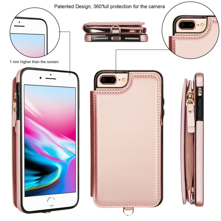 For iPhone 8 Plus / 7 Plus Double Flap Zipper RFID Leather Phone Case with Short Lanyard
