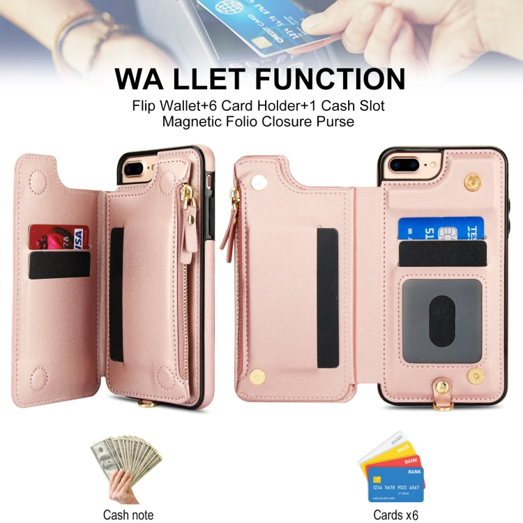 For iPhone 8 Plus / 7 Plus Double Flap Zipper RFID Leather Phone Case with Short Lanyard
