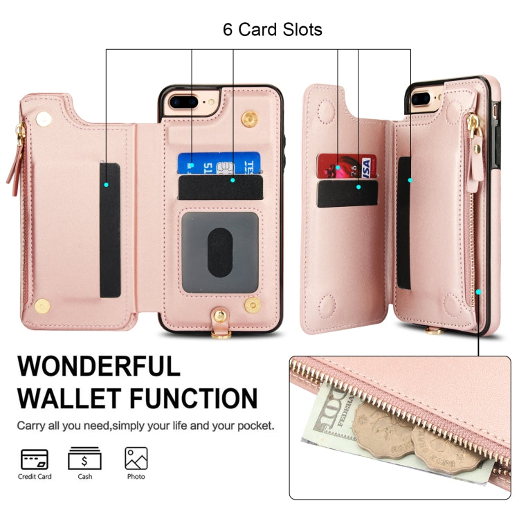 For iPhone 8 Plus / 7 Plus Double Flap Zipper RFID Leather Phone Case with Short Lanyard