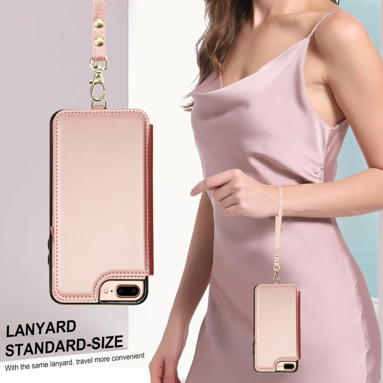 For iPhone 8 Plus / 7 Plus Double Flap Zipper RFID Leather Phone Case with Short Lanyard