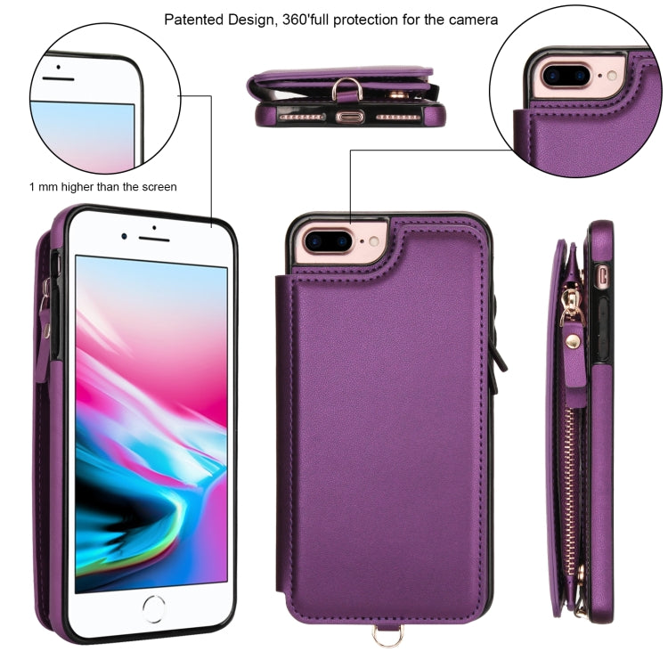 For iPhone 8 Plus / 7 Plus Double Flap Zipper RFID Leather Phone Case with Short Lanyard