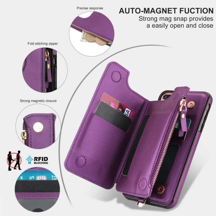 For iPhone 8 Plus / 7 Plus Double Flap Zipper RFID Leather Phone Case with Short Lanyard