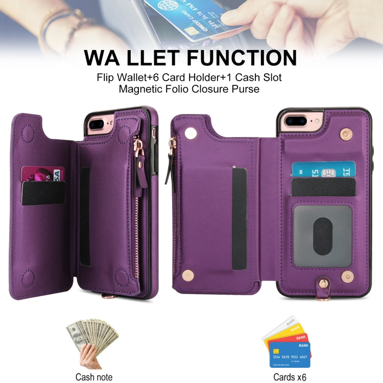 For iPhone 8 Plus / 7 Plus Double Flap Zipper RFID Leather Phone Case with Short Lanyard