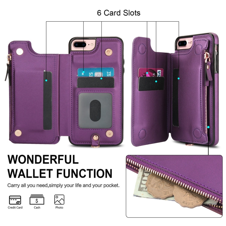For iPhone 8 Plus / 7 Plus Double Flap Zipper RFID Leather Phone Case with Short Lanyard