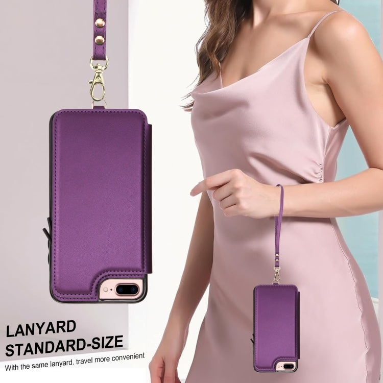 For iPhone 8 Plus / 7 Plus Double Flap Zipper RFID Leather Phone Case with Short Lanyard
