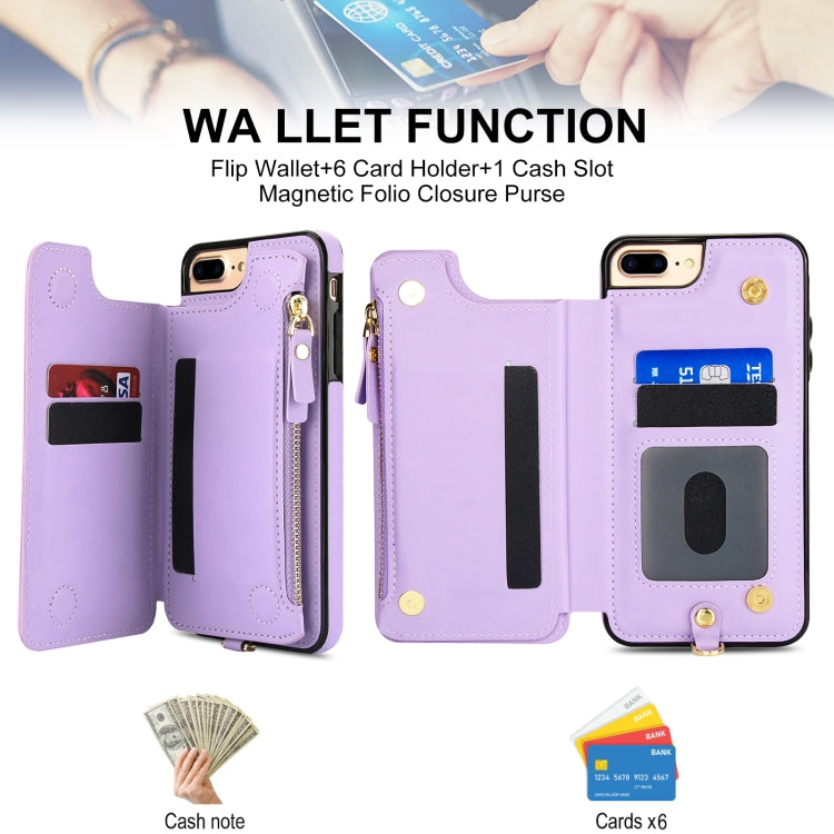 For iPhone 8 Plus / 7 Plus Double Flap Zipper RFID Leather Phone Case with Short Lanyard