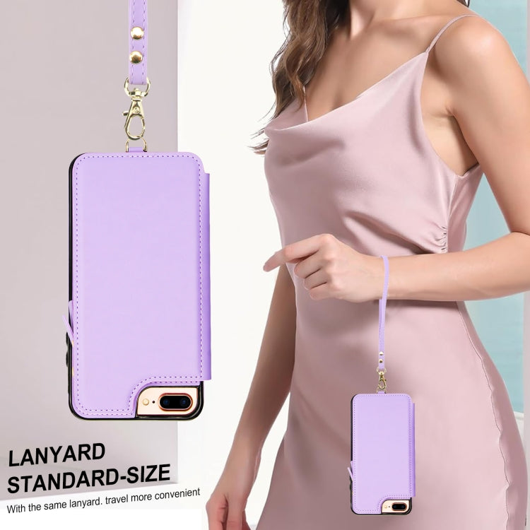 For iPhone 8 Plus / 7 Plus Double Flap Zipper RFID Leather Phone Case with Short Lanyard