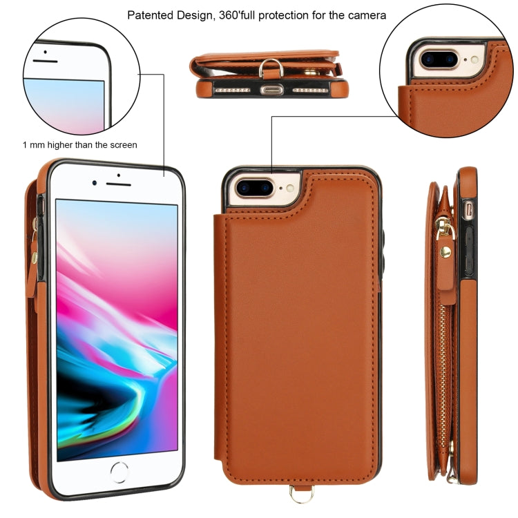 For iPhone 8 Plus / 7 Plus Double Flap Zipper RFID Leather Phone Case with Short Lanyard