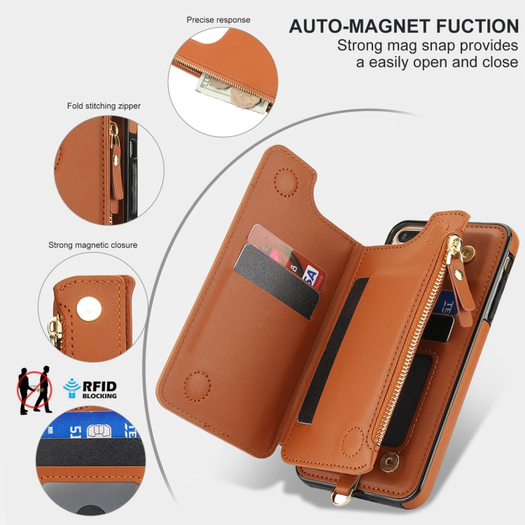 For iPhone 8 Plus / 7 Plus Double Flap Zipper RFID Leather Phone Case with Short Lanyard