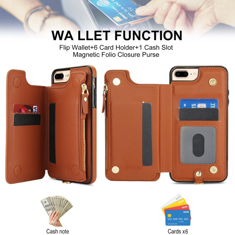 For iPhone 8 Plus / 7 Plus Double Flap Zipper RFID Leather Phone Case with Short Lanyard