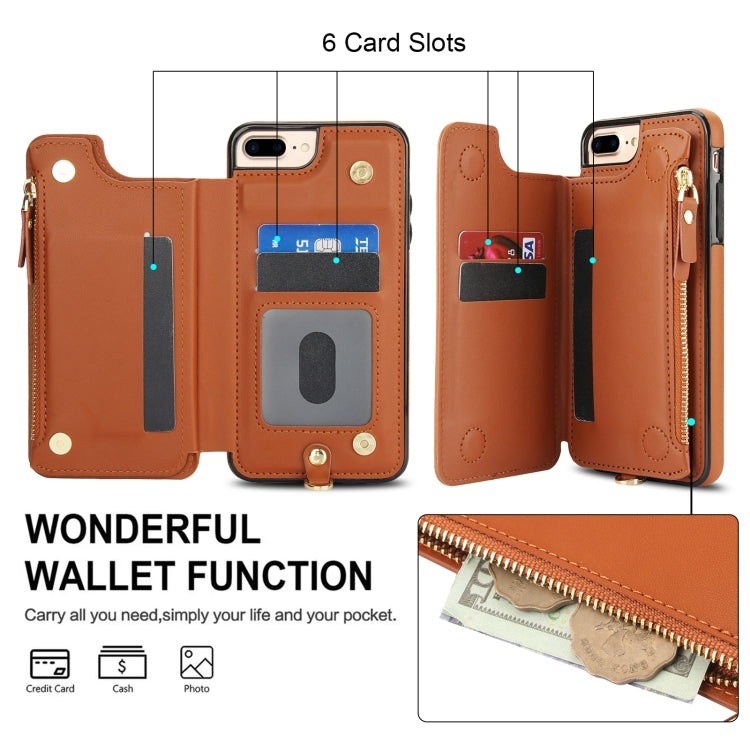 For iPhone 8 Plus / 7 Plus Double Flap Zipper RFID Leather Phone Case with Short Lanyard