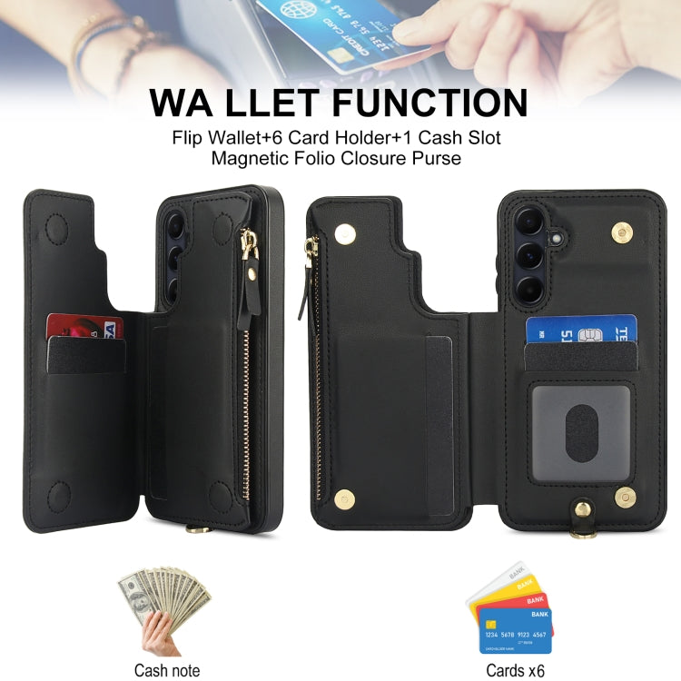 For Samsung Galaxy S24 FE 5G Double Flap Zipper RFID Leather Phone Case with Short Lanyard