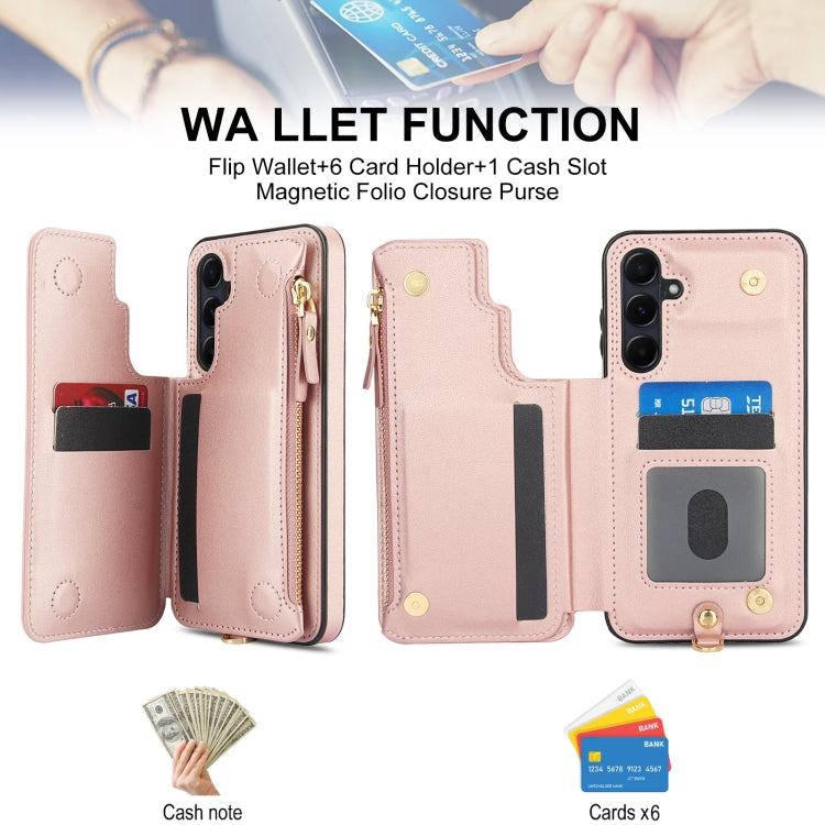 For Samsung Galaxy S24 FE 5G Double Flap Zipper RFID Leather Phone Case with Short Lanyard