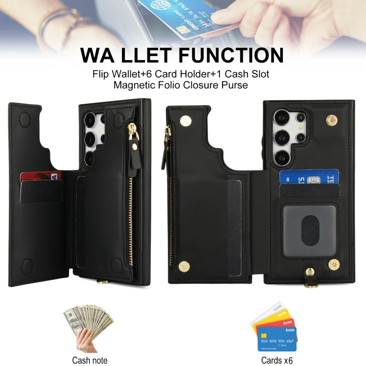 For Samsung Galaxy S24 Ultra 5G Double Flap Zipper RFID Leather Phone Case with Short Lanyard