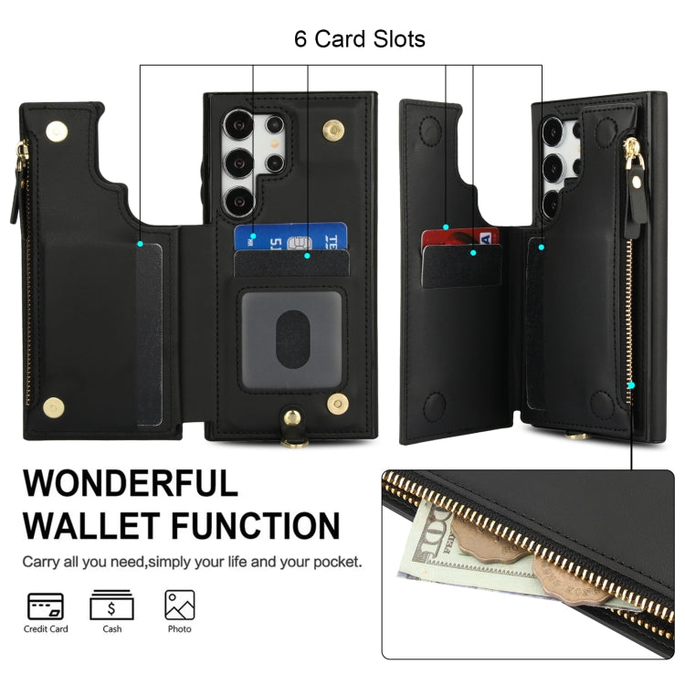 For Samsung Galaxy S24 Ultra 5G Double Flap Zipper RFID Leather Phone Case with Short Lanyard
