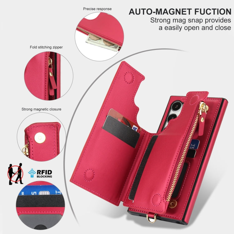 For Samsung Galaxy S24 Ultra 5G Double Flap Zipper RFID Leather Phone Case with Short Lanyard
