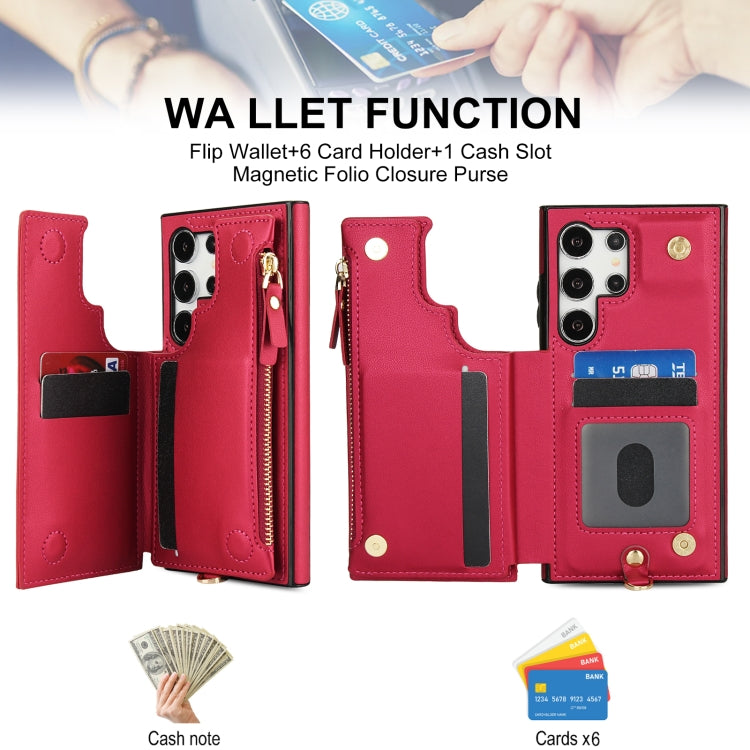 For Samsung Galaxy S24 Ultra 5G Double Flap Zipper RFID Leather Phone Case with Short Lanyard