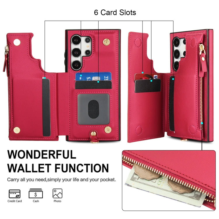 For Samsung Galaxy S24 Ultra 5G Double Flap Zipper RFID Leather Phone Case with Short Lanyard