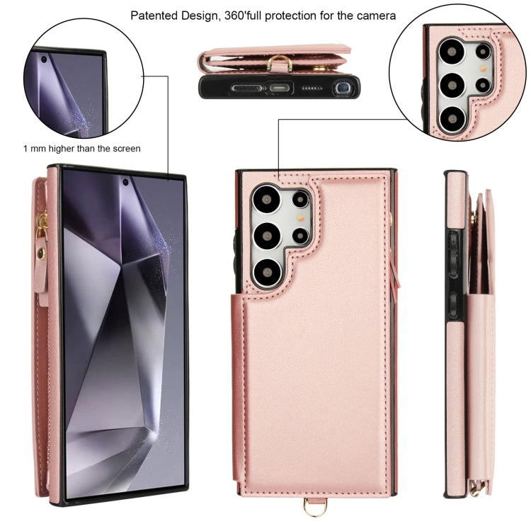 For Samsung Galaxy S24 Ultra 5G Double Flap Zipper RFID Leather Phone Case with Short Lanyard