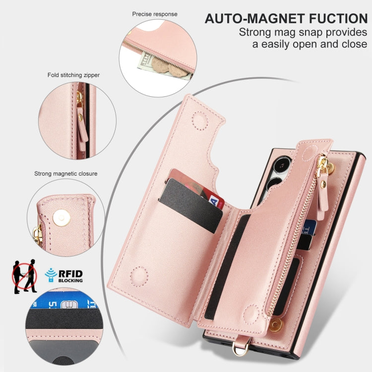 For Samsung Galaxy S24 Ultra 5G Double Flap Zipper RFID Leather Phone Case with Short Lanyard
