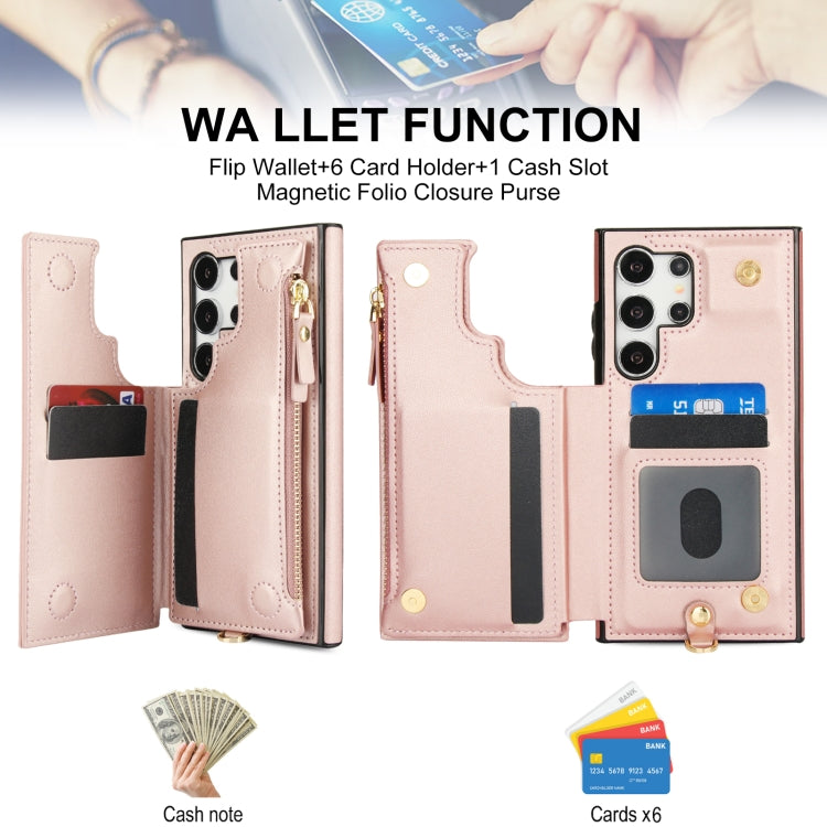 For Samsung Galaxy S24 Ultra 5G Double Flap Zipper RFID Leather Phone Case with Short Lanyard