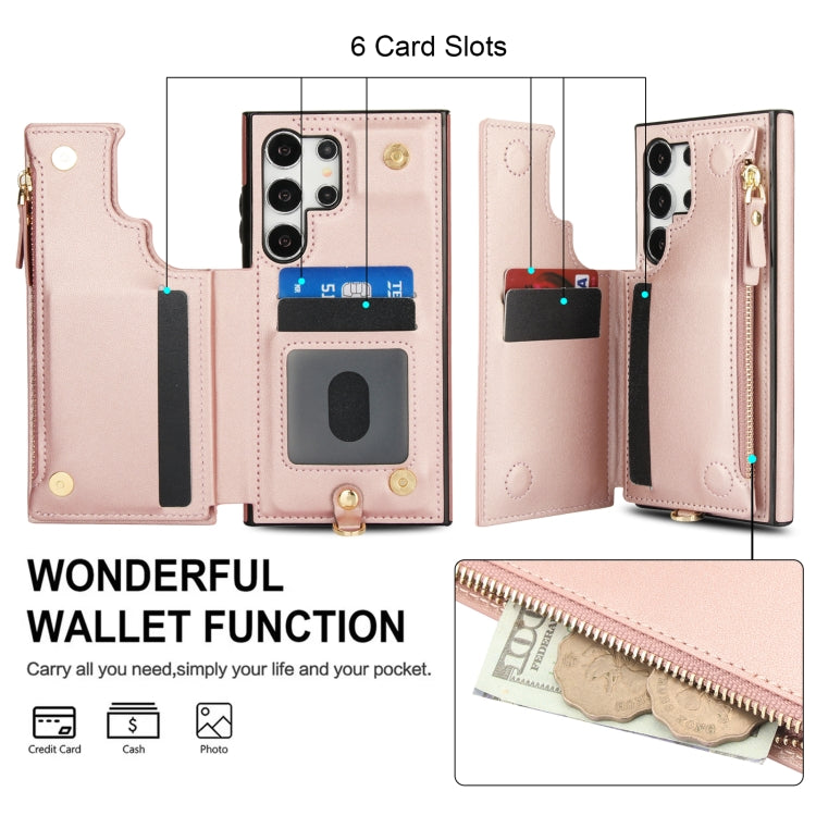 For Samsung Galaxy S24 Ultra 5G Double Flap Zipper RFID Leather Phone Case with Short Lanyard