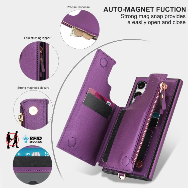 For Samsung Galaxy S24 Ultra 5G Double Flap Zipper RFID Leather Phone Case with Short Lanyard