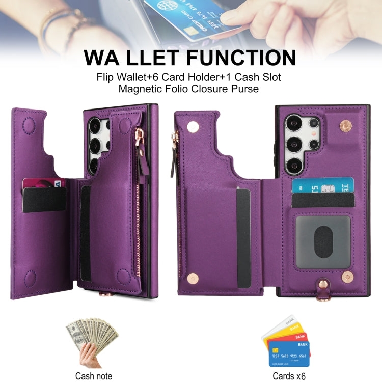 For Samsung Galaxy S24 Ultra 5G Double Flap Zipper RFID Leather Phone Case with Short Lanyard