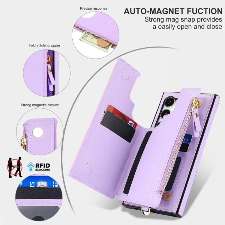 For Samsung Galaxy S24 Ultra 5G Double Flap Zipper RFID Leather Phone Case with Short Lanyard